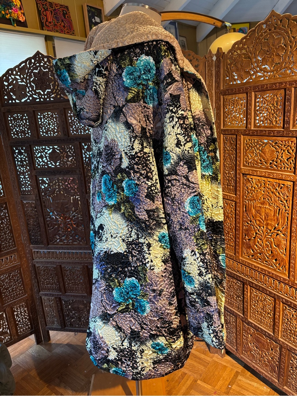 Vintage Quilted Floral Trench Coat — Teal & Taupe